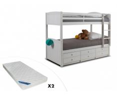 Letto a castello separabile ANCHISE - 90x190 cm - Con vani portaoggetti - Laccato bianco + 2 materassi ZEUS 90x190 cm