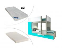 Letto a castello con letto a cassettone a scomparsa ANTONIO - 3x90x190 cm - Armadio integrato - Abete turchese e bianco + materasso letto a scomparsa + 2 materassi ZEUS 90x190