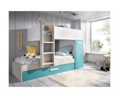 Letto a castello con contenitori 3 x 90 x 190 cm Bianco Rovere e Blu + Materasso - ANTHONY