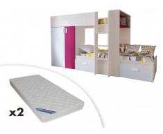 Letto a castello JULIEN - 2x90x190 cm - Armadio integrato - Abete bianco e Fucsia + 2 materassi ZEUS 90x190