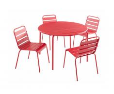 Sala da pranzo da giardino MIRMANDE in metallo - un tavolo D.110 cm e 4 sedie impilabili - Rosso