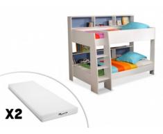 Letto a castello LENNY - 2 x 90 x 200 cm - Ripiani - Fondo reversibile blu o rosa + 2 materassi STELO KIDS 90 x 200