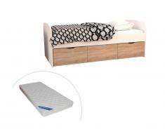 Letto con 2 cassetti e 1 vano portaoggetti 90 x 190 cm Bianco e Rovere + Materasso - LOUANE