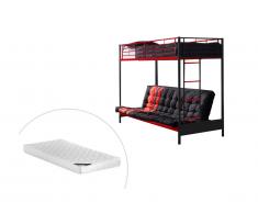Letto a soppalco 90 x 190 cm Con divano letto Metallo Nero e Rosso + Futon + Materasso - MODULO IV