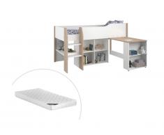 Letto combinato con scrivania e scomparti 90 x 200 cm Bianco e Rovere + Materasso - MARIA