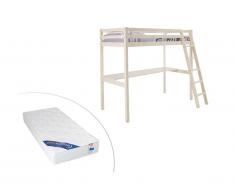 Letto a soppalco con scrivania - 90 x 190 cm in Pino massello sbiancato - GEDEON + materasso incluso