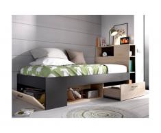 Letto singolo con testiera portaoggetti e cassetti 90 x 190 cm Quercia e Antracite - LEANDRE