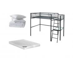 Set CAMERA RAGAZZI - Letto a soppalco antracite CASUAL 140 x 190 cm + 1 materasso + 1 trapunta + 2 guanciali inclusi
