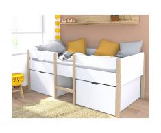 Letto mezza altezza 2 cassetti 90 x 190 cm Bianco e rovere + Materasso - SISSY