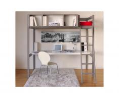 Letto a soppalco GIACOMO - 90 x 190 cm - Scrivania e spazi integrati per riporre i propri oggetti - Abete grigio