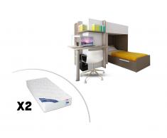 Letto a castello SAMUEL - 2 x 90 x 190 cm - Scrivania integrata - Pino bianco e Marrone - 2 materassi ZEUS 90 x 190 cm