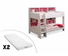 Letto a castello LENNY - 2 x 90 x 200 cm - Ripiani - Fondo reversibile blu o rosa + 2 materassi STELO KIDS 90 x 200