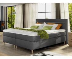 Set letto boxspring testata + rete + materasso + topper LUND di DREAMEA - tessuto grigio - 160x200 cm