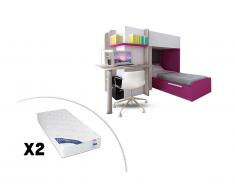 Letto a castello SAMUEL - 2 x 90 x 190 cm - Scrivania integrata - Pino bianco e rosa - 2 materassi ZEUS 90 x 190 cm