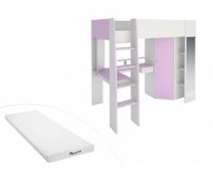 Letto a soppalco GEMMA - 90x200 cm - Con scrivania, vani portaoggetti e armadio integrati - Violetto e Bianco + materasso STELO KIDS 90x200 cm