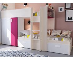 Letto a castello JULIEN - 2x90x190 cm - Armadio integrato - Bianco e fucsia