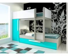 Letto a castello con letto a cassettone a scomparsa ANTONIO - 3x90x190 cm - Armadio integrato - Abete turchese e bianco