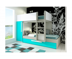 Letto a castello con cassettone letto estraibile e armadio integrato 3 x 90 x 190 cm Abete turchese e bianco - ANTONIO
