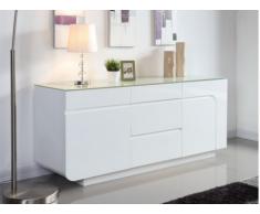 Credenza BRADY - MDF laccato bianco e vetro temperato - 2 ante e 4 cassetti