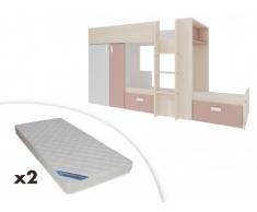 Letto a castello con armadio integrato 2x90x190 cm in Abete bianco e rosa cipria - JULIEN + 2 materassi inclusi