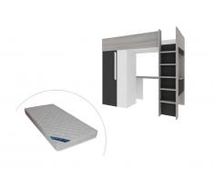 Letto a soppalco + materasso 90 x 200 cm con armadio e scrivania Antracite e Bianco - NICOLAS