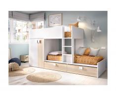 Letto a castello con armadio integrato 2 x 90 x 190 cm Bianco e Rovere + materasso - JUANITO