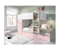 Letto a castello con contenitori 3 x 90 x 190 cm Bianco, Rovere e Rosa + Materasso - ANTHONY