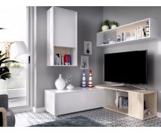 Parete TV modulare GAMBIE - con vani portaoggetti - Bianco e quercia