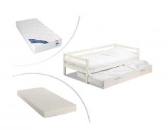 Letto singolo con letto estraibile 90 x 190 cm in abete massello Bianco - AEDAN + 2 materassi inclusi