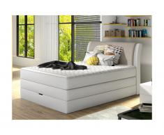 Set letto boxspring testata + base del letto con contenitore + materasso + topper GRANDIOSE di DREAMEA - tessuto grigio chiaro - 140 x 200 cm