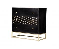 Comò 3 cassetti Legno di mango e metallo Nero e dorato stile art déco - PRISMIN