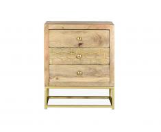 Comodino stile vintage ALIX - 3 cassetti - Legno di mango e metallo dorato