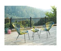 Salotto da giardino in resina intrecciata Verde, blu, giallo: tavolo e 2 sedie - ALIOS II