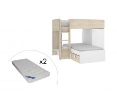 Letto a castello reversibile Vani portaoggetti integrati 2 x 90 x 190 cm Rovere e Bianco + materasso - RICARDO