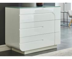 Comò BRADY - 3 cassetti - MDF laccato bianco e vetro temperato
