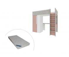Letto a soppalco + materasso con armadio e scrivania 90 x 200 cm Rosa e Bianco - NICOLAS