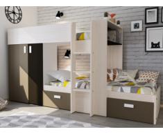 Letto a castello JULIEN - 2x90x190 cm - Armadio integrato - Bianco e marrone