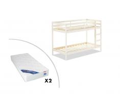 Letto a castello ANICET - 2x90x190 cm - Abete Massello - Bianco + 2 materassi ZEUS 90x190 cm
