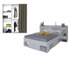 Set CAMERA KYLIAN - Letto + testata letto con scomparti 140x190-200 cm e guardaroba estensibile KYLIAN L114/168 cm - Bianco