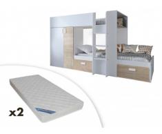Letto a castello JULIEN - 2x90x190 cm - Armadio integrato - Bianco e quercia + 2 materassi ZEUS 90x190
