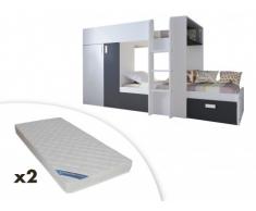 Letto a castello JULIEN - 2x90x190 cm - Armadio integrato - Abete bianco e nero + 2 materassi ZEUS 90x190