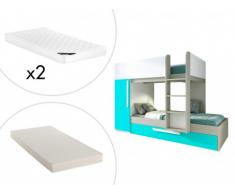 Letto a castello con cassetto a scomparsa 3x90x190cm + Materasso con Armadio Abete Turchese e Bianco - ANTONIO