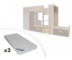 Letto a castello con armadio integrato 2x90x190 cm in Abete bianco e tortora - JULIEN + 2 materassi inclusi