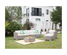Salotto da giardino modulare Resina intrecciata BUSAN: divano panoramico 4 posti, poltrona, pouf e tavolino