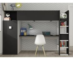 Letto a soppalco TOBIE - Armadio e scrivania integrata - 90x200 cm - Bianco e antracite