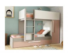 Letto a castello con letto a cassettone a scomparsa ANTONIO - 3x90x190 cm - Armadio integrato - Abete rosa cipria e bianco