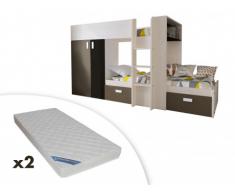 Letto a castello JULIEN - 2x90x190 cm - Armadio integrato - Abete bianco e marrone + 2 materassi ZEUS 90x190