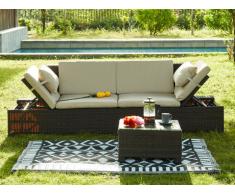 Divano modulare e tavolino da giardino GANDOCA in resina intrecciata marrone - Seduta crema