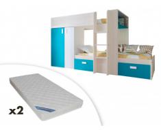 Letto a castello JULIEN - 2x90x190 cm - Armadio integrato - Taupe e blu + 2 materassi ZEUS 90x190