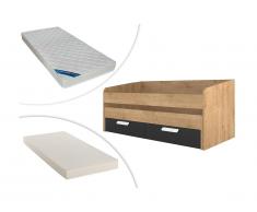 Letto singolo con letto estraibile e con 2 cassetti 90x190 cm Quercia e antracite - ANSELME + 2 materassi inclusi